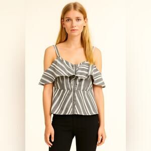 Thread Story  Black and White Striped Cold Shoulder Ruffled Top